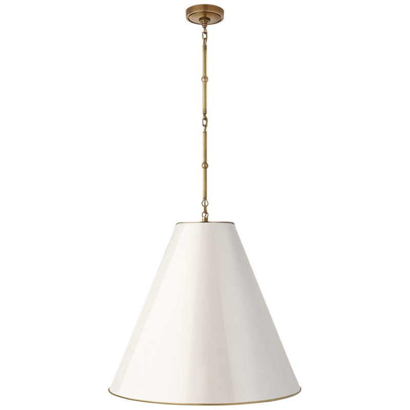 Goodman Large Hanging Lamp in Hand-Rubbed Antique Brass with Antique White Shade